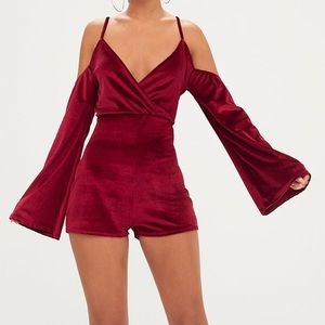 PRETTY LITTLE THING | Wine Velvet Cold Shoulder Playsuit